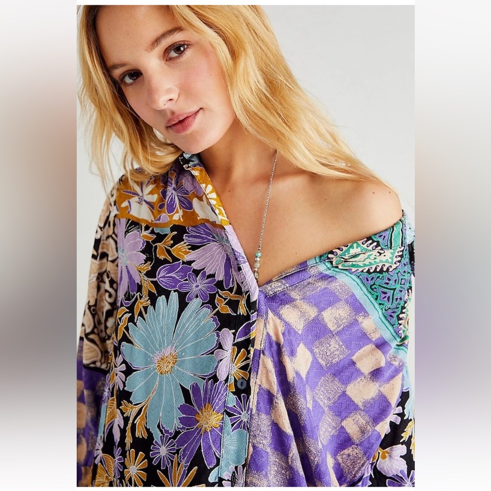 🪻Free People Jackie Maxi, Floral and Geometric Midi Dress - Black, Purple, Blue